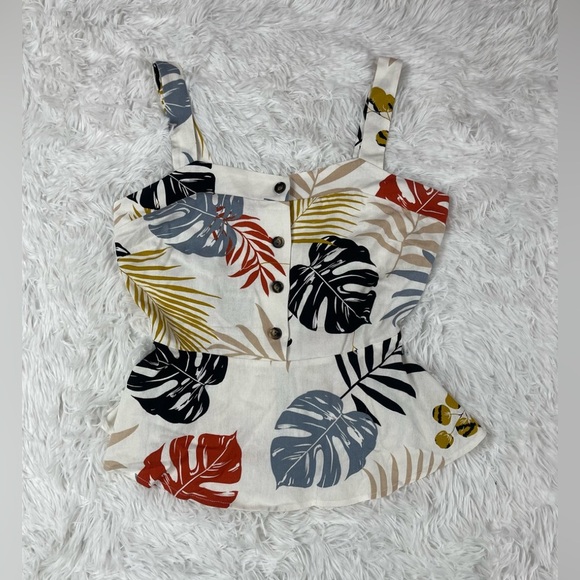 Monteau Tops - Monteau Linen Blend White Sleeveless Colorful Tropical Palm Leaf Leaves Blouse